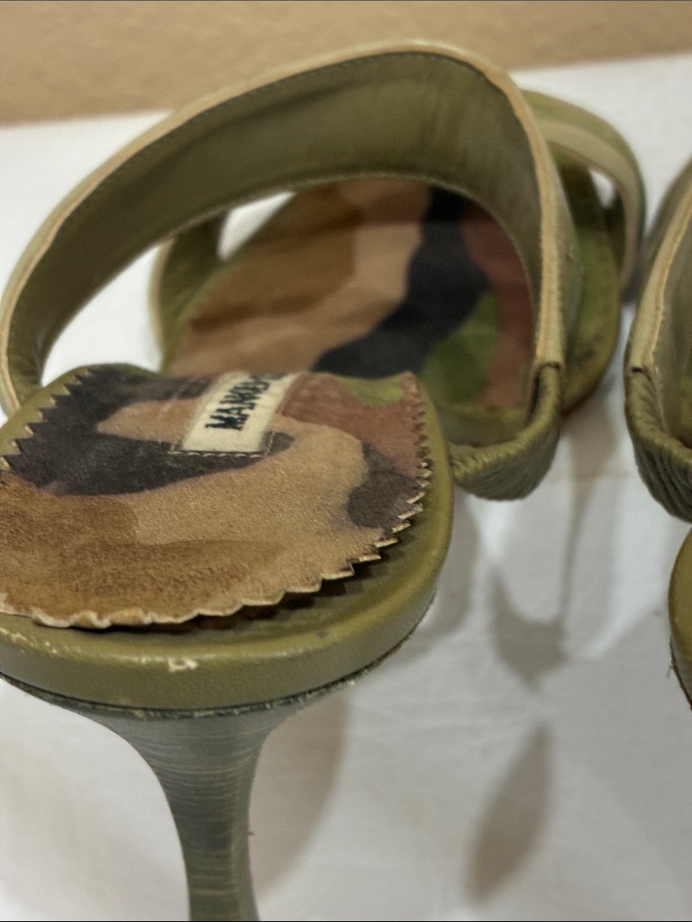 Manolo Blahnik Olive Green Slide Sandals with Camo Insole - Picture 7 of 9